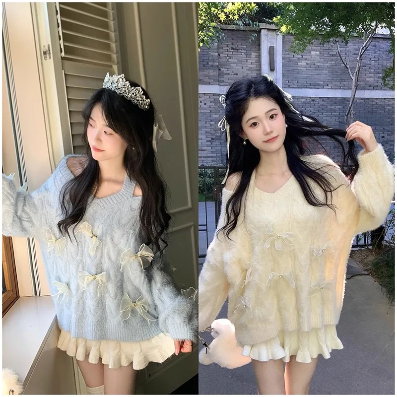 Sweet Hot Girl Bow V-neck Off Shoulder Sweater Women's Autumn/winter Long-sleeved Loose Twist Sweater Fashion Female Clothes
Sweet Hot Girl Bow V-neck Off Shoulder Sweater Women's Autumn/winter Long-sleeved Loose Twist Sweater Fashion Female Clothes