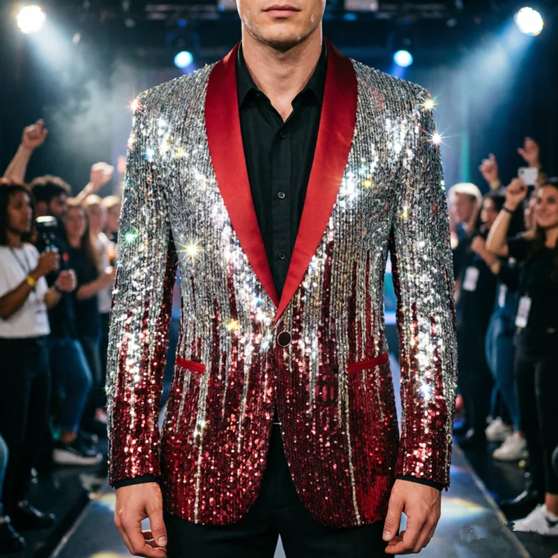 New Men's Gradient Sequin Blazer with Red Shawl Collar - Sparkly Suit Jacket for Stage Performance, Party, Wedding
New Men's Gradient Sequin Blazer with Red Shawl Collar - Sparkly Suit Jacket for Stage Performance, Party, Wedding