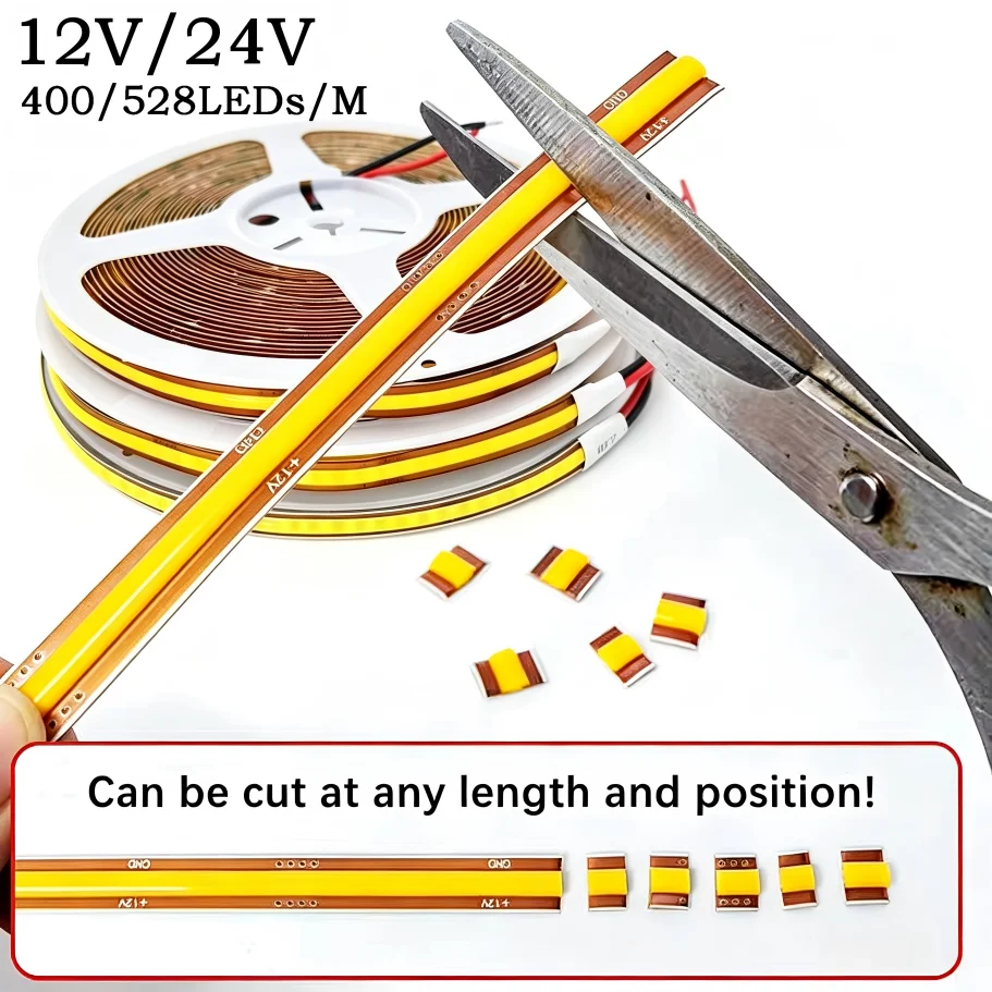 8mm High Density COB LED Strip DC12V/24V 400LEDs/M 528LEDs/M Free Cuttable Flexible Lamp For Home Decoration Lighting 0.5m-10m
8mm High Density COB LED Strip DC12V/24V 400LEDs/M 528LEDs/M Free Cuttable Flexible Lamp For Home Decoration Lighting 0.5m-10m
