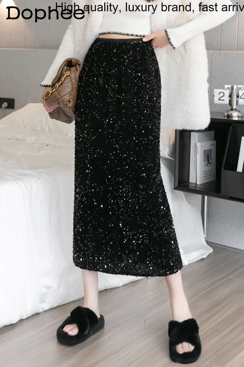 Thickened Sequined Fleece-Lined Black Velvet Women Autumn Winter High Waist Straight Long Mid-Length Slit Hip Skirts
Thickened Sequined Fleece-Lined Black Velvet Women Autumn Winter High Waist Straight Long Mid-Length Slit Hip Skirts