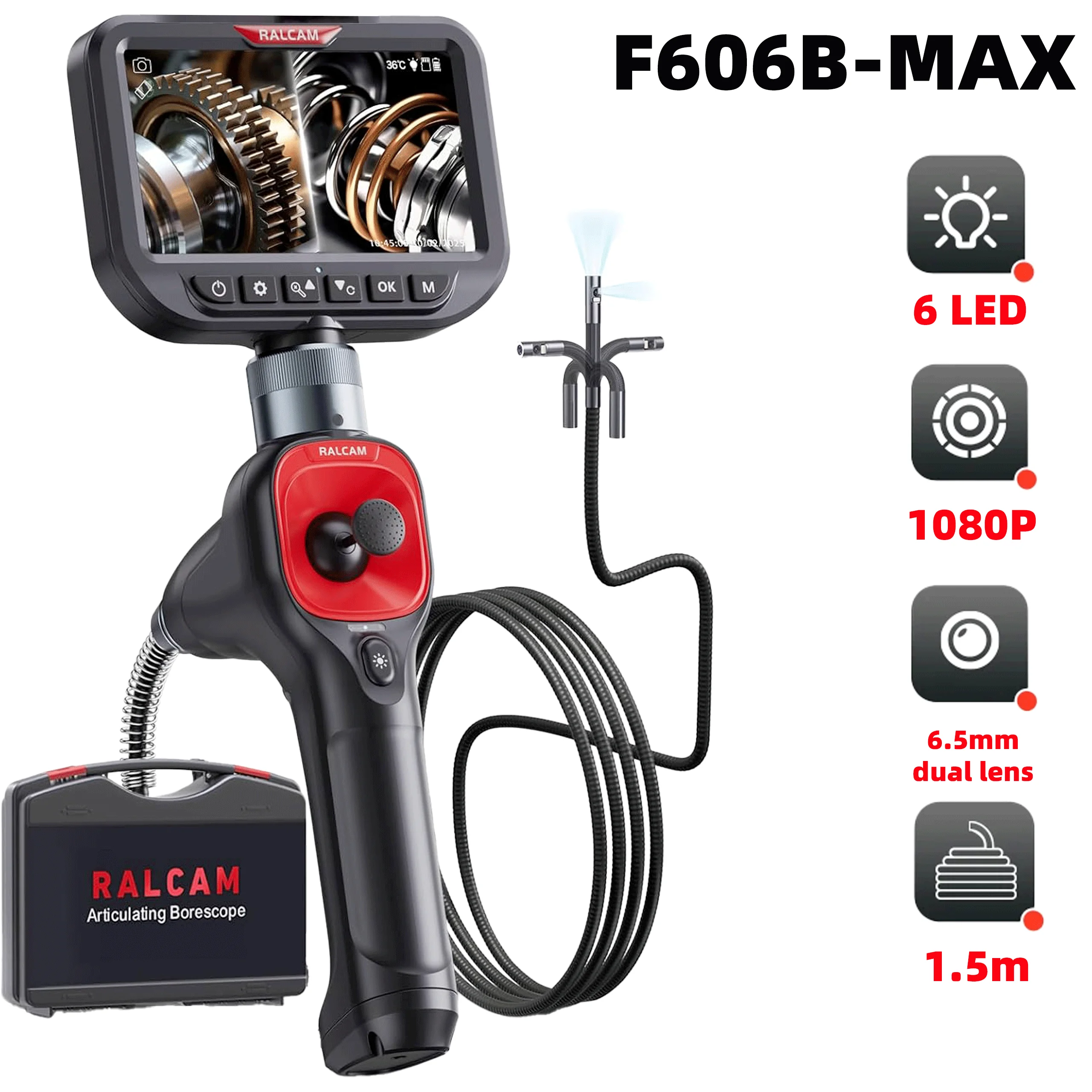 Ralcam 360° Articulating Borescope Dual Lens, 5'' Joystick 4 Ways Industrial Endoscope Camera with Light, 6.5mm Slim Probe, 
Ralcam 360° Articulating Borescope Dual Lens, 5'' Joystick 4 Ways Industrial Endoscope Camera with Light, 6.5mm Slim Probe,