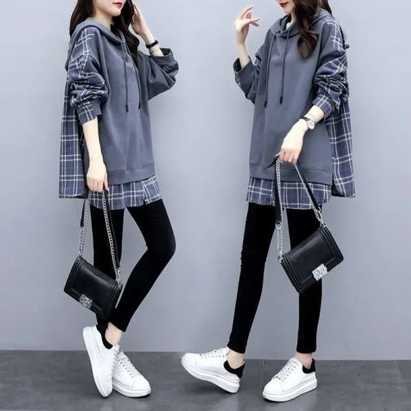 Streetwear Thick Plaid Spliced Sweatshirts Two Fake Pieces Pullovers Hooded Mid-length Long Sleeve Wild Women's Clothing E4899
Streetwear Thick Plaid Spliced Sweatshirts Two Fake Pieces Pullovers Hooded Mid-length Long Sleeve Wild Women's Clothing E4899
