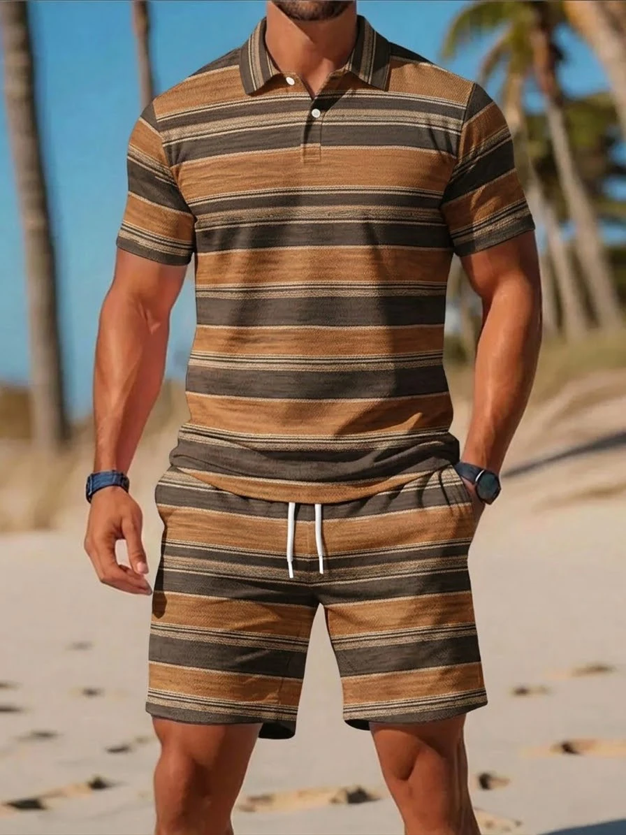 Summer Casual Sports Set Breathable Outdoor Men's Collared T-Shirt and Shorts Two-Piece Set Fashionable Striped Print Beach Set
Summer Casual Sports Set Breathable Outdoor Men's Collared T-Shirt and Shorts Two-Piece Set Fashionable Striped Print Beach Set