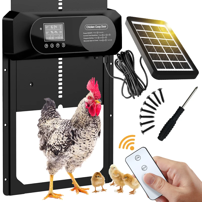 Large size solar powered automatic chicken coop door with remote control and timer, light sensor, intelligent anti pinch design
Large size solar powered automatic chicken coop door with remote control and timer, light sensor, intelligent anti pinch design