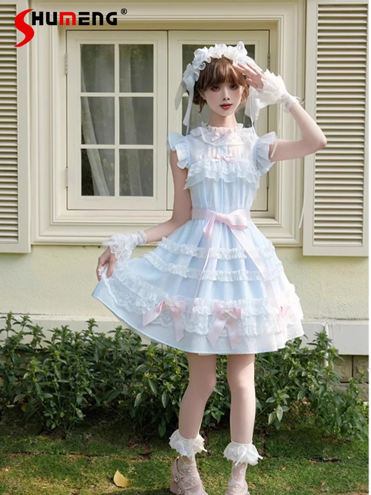 Japanese Elegant Sweet Cute Princess Dress Ruffled Lace-up Bow Round Neck Sleeveless High Waist Kawaii Lolita Short Dress Women
Japanese Elegant Sweet Cute Princess Dress Ruffled Lace-up Bow Round Neck Sleeveless High Waist Kawaii Lolita Short Dress Women