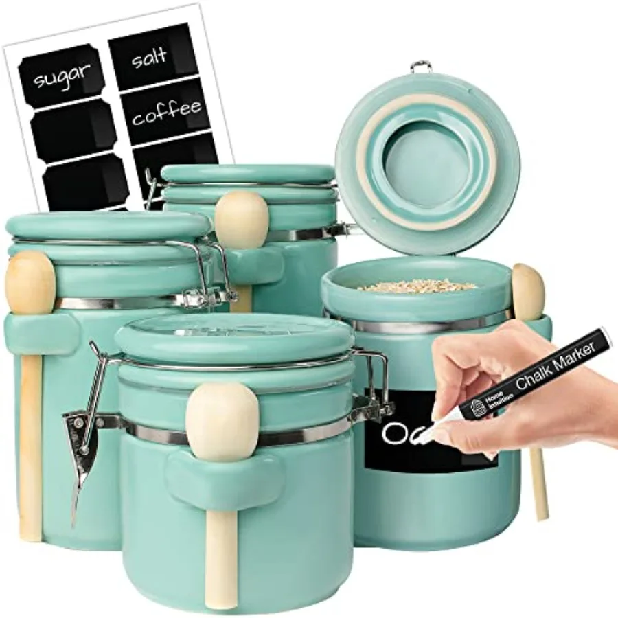 4-Piece Ceramic Kitchen Canisters Set Airtight Containers with Wooden Spoons Reusable Chalk Labels and Marker for Sugar Coffee
4-Piece Ceramic Kitchen Canisters Set Airtight Containers with Wooden Spoons Reusable Chalk Labels and Marker for Sugar Coffee