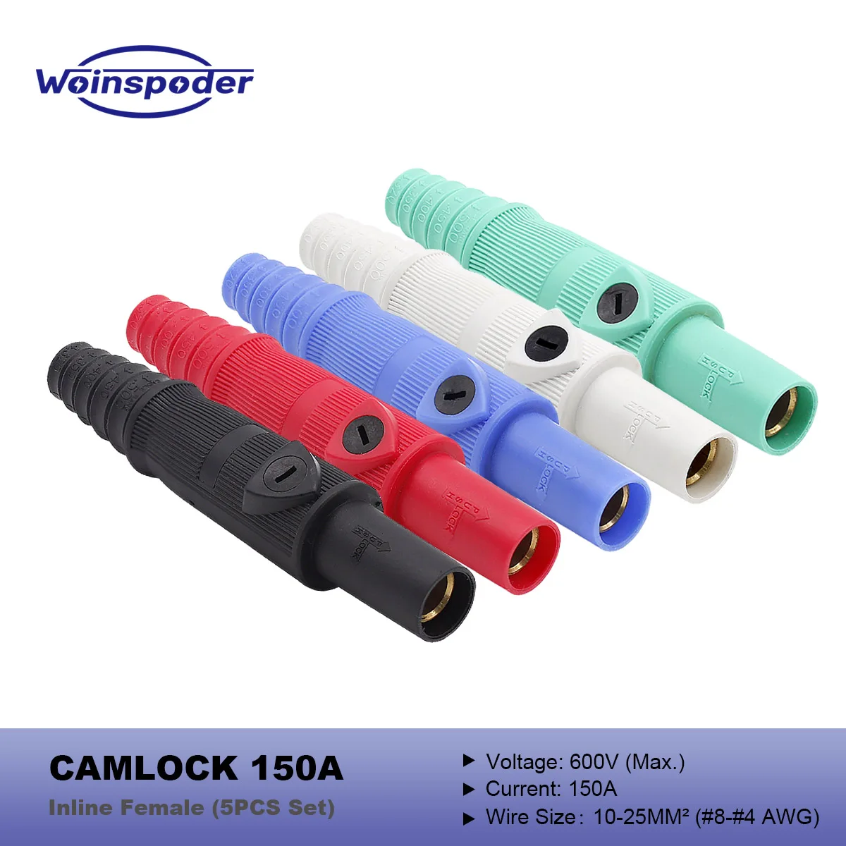 WOINSPODER 5PCS Set 150A 600V Camlock Inline Male Single Pole Power Connector for Light & Sound Equipment 10-25MM² (#8-#4 AWG) 
WOINSPODER 5PCS Set 150A 600V Camlock Inline Male Single Pole Power Connector for Light & Sound Equipment 10-25MM² (#8-#4 AWG)