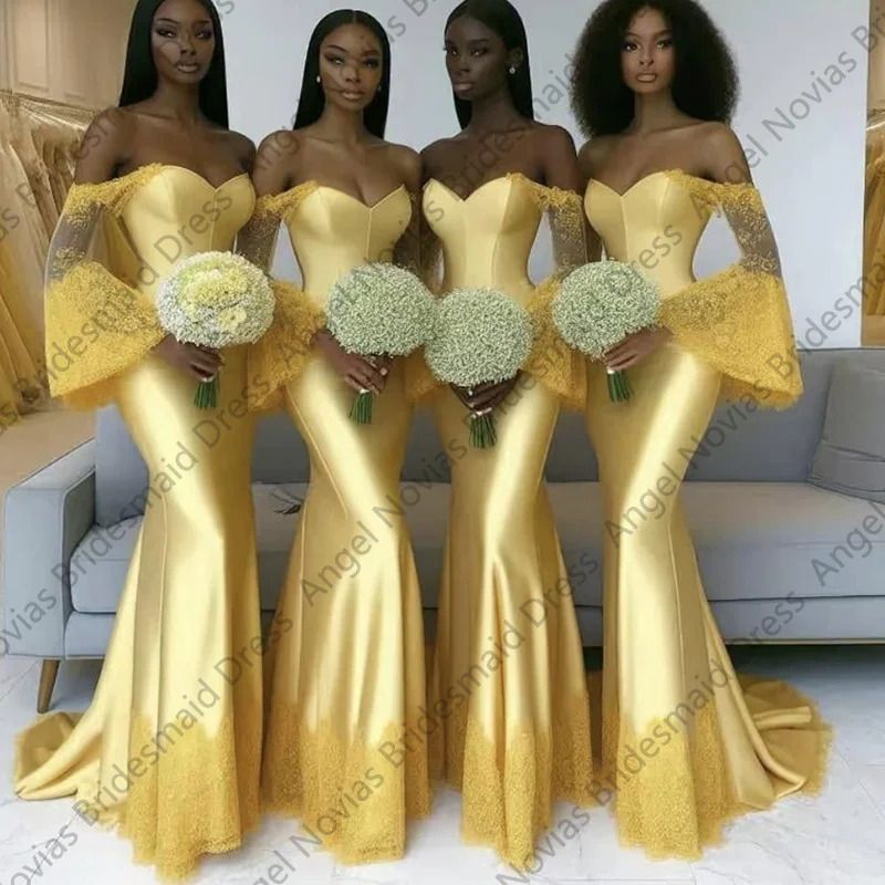 Customized Long Sleeves Mermaid Satin Gold Bridesmaid Dresses Wedding Guest Dress Robes Invitee Mariage
Customized Long Sleeves Mermaid Satin Gold Bridesmaid Dresses Wedding Guest Dress Robes Invitee Mariage