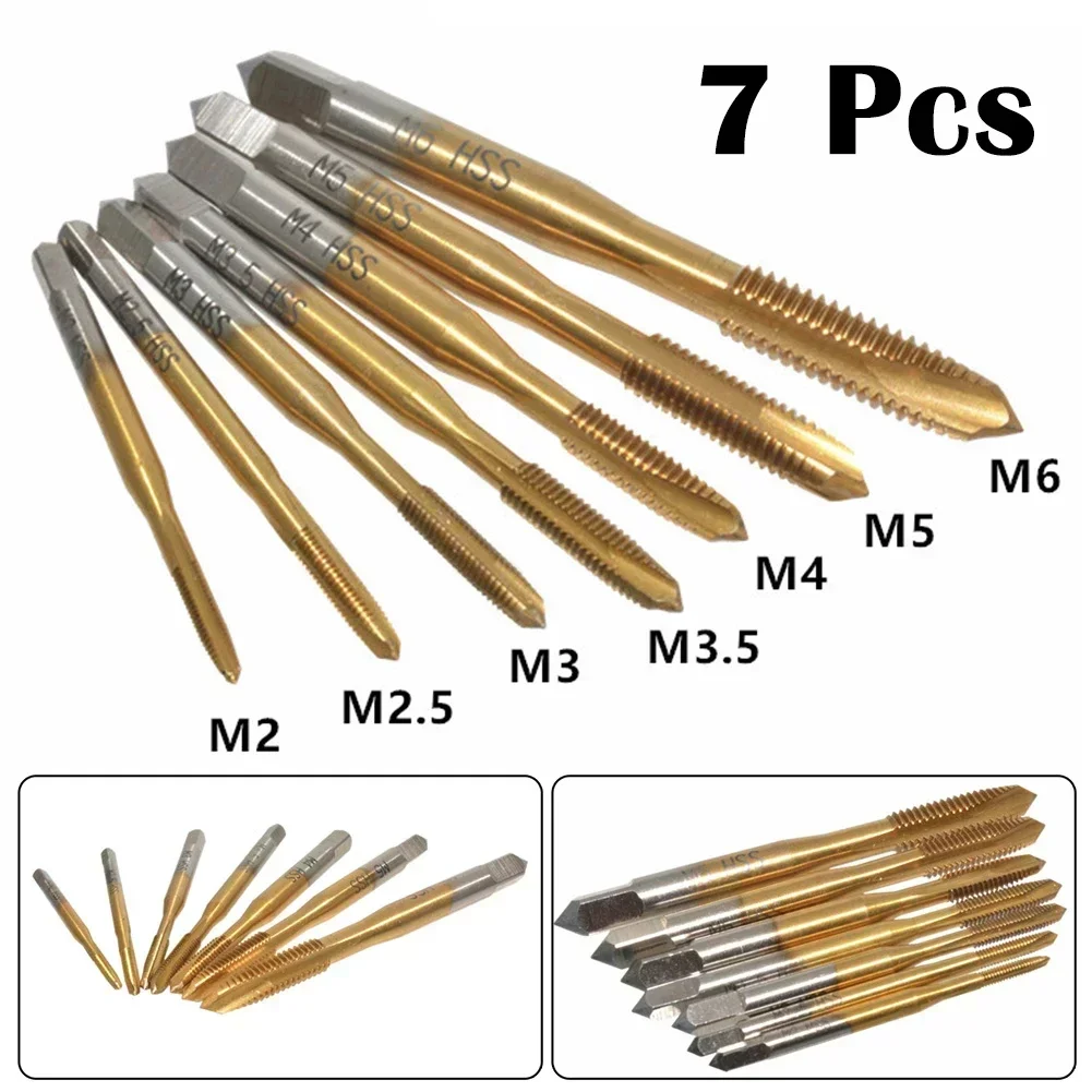 7PCS Titanium Coated Thread Tap Drill Metric HSS6542 Spiral Fluted Screw Tap M2/M2.5/M3/M3.5/M4./M5/M6 Hand Tool Accessories
7PCS Titanium Coated Thread Tap Drill Metric HSS6542 Spiral Fluted Screw Tap M2/M2.5/M3/M3.5/M4./M5/M6 Hand Tool Accessories