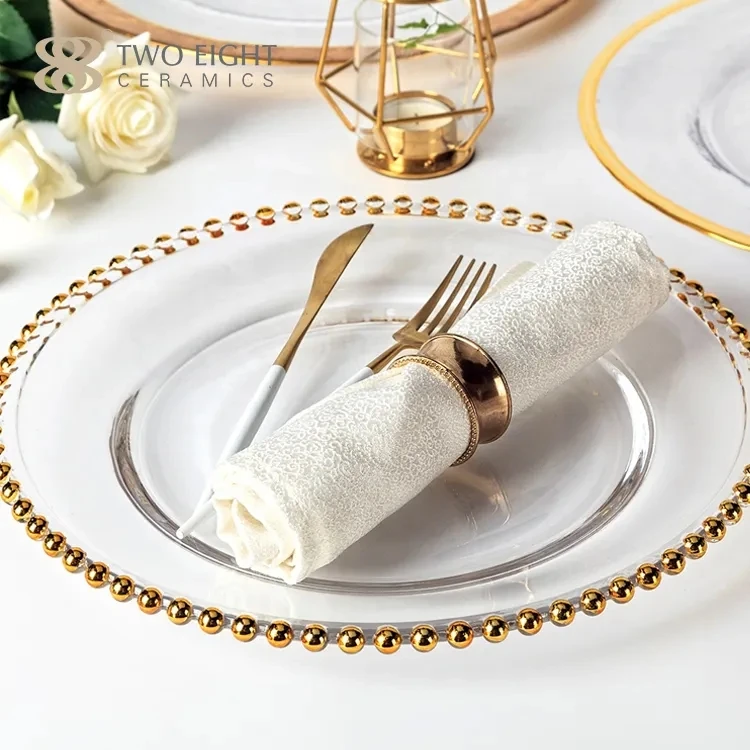 Reusable 13 Inch Gold Rim Beaded Transparent Plate Party Wedding Decoration Plastic Charger Plates
Reusable 13 Inch Gold Rim Beaded Transparent Plate Party Wedding Decoration Plastic Charger Plates