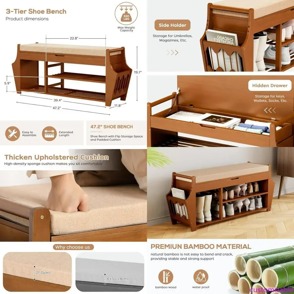 Bamboo Shoe Storage Bench with Cushion, Entryway Organizer, Holds Up to 3 Pairs
Bamboo Shoe Storage Bench with Cushion, Entryway Organizer, Holds Up to 3 Pairs