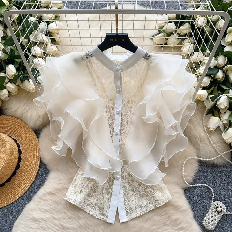 Women Shirt Solid Blouses Mesh Lace Ruffled Hem Flying Sleeves Round Neck Single Breasted Loose Fit Office Casual 2026 Summer
Women Shirt Solid Blouses Mesh Lace Ruffled Hem Flying Sleeves Round Neck Single Breasted Loose Fit Office Casual 2026 Summer