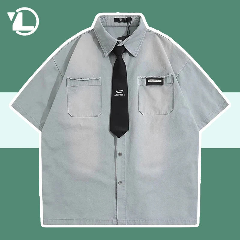 Washed Gradient Denim Shirt Men Women Summer American Street Retro Short Sleeve Shirts Y2K Oversized Casual Loose Tops with Tie
Washed Gradient Denim Shirt Men Women Summer American Street Retro Short Sleeve Shirts Y2K Oversized Casual Loose Tops with Tie