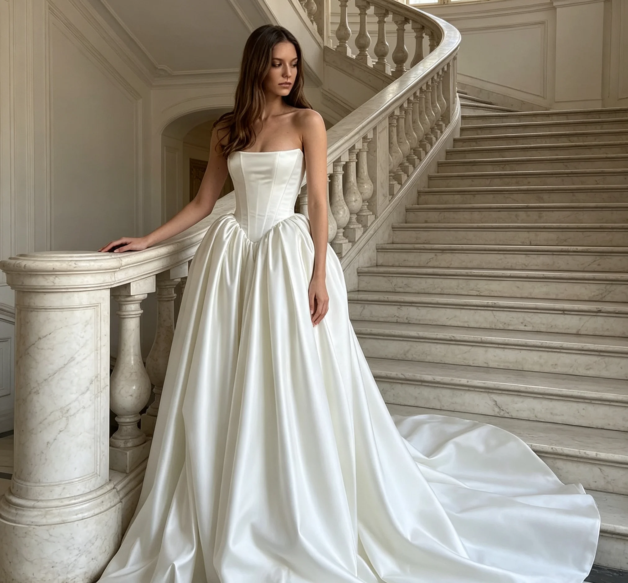 Strapless Satin Wedding Dress Corset Bodice A-Line Skirt Long Train Bridal Gown for Elegant Ceremony Reception Customized
Strapless Satin Wedding Dress Corset Bodice A-Line Skirt Long Train Bridal Gown for Elegant Ceremony Reception Customized