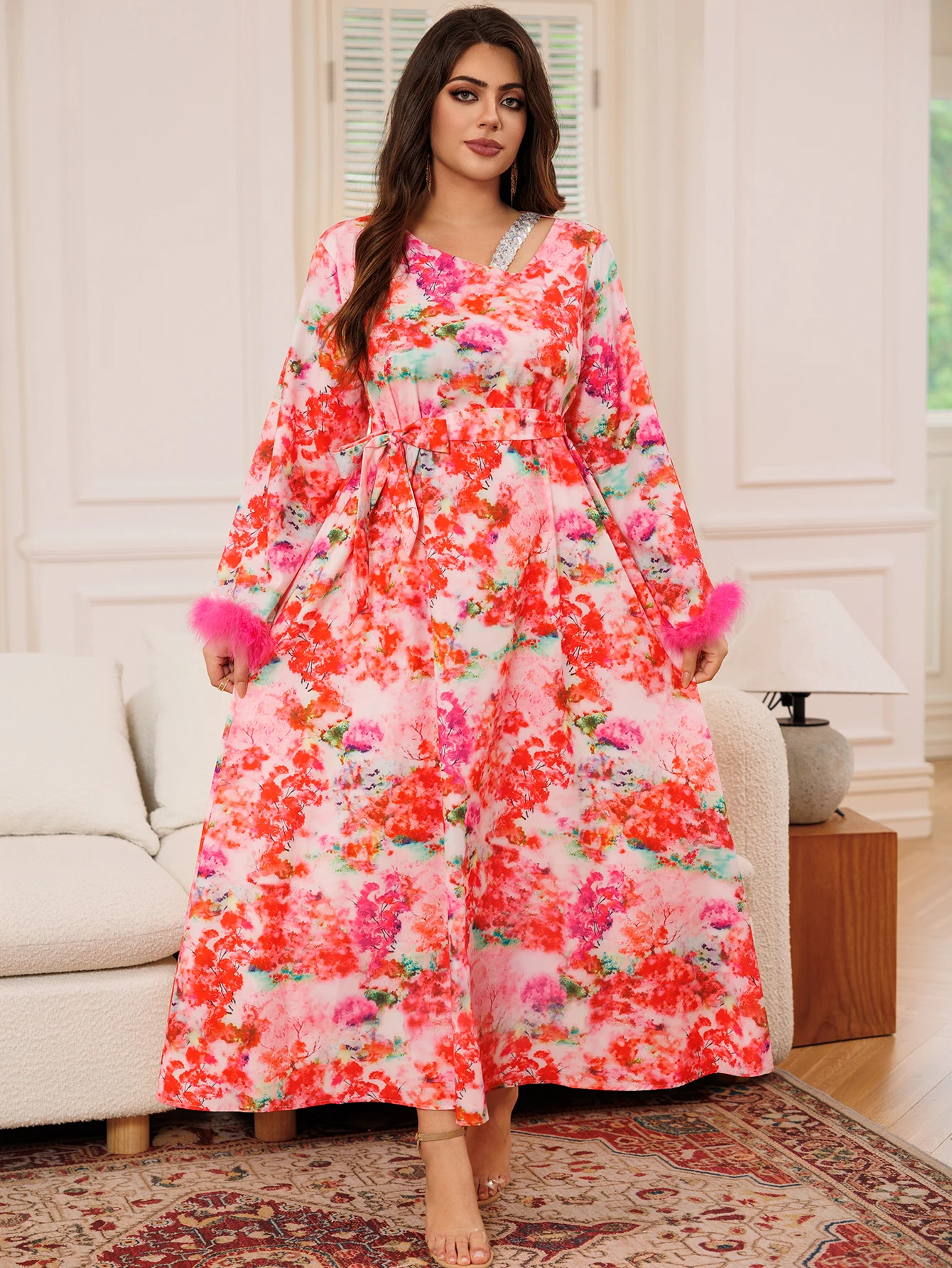 Gradient Printing Women's Dress Pink Long Sleeve Feather Patchwork Drilling Generous Dubai Arab Muslim Turkish Kaftan Luxury
Gradient Printing Women's Dress Pink Long Sleeve Feather Patchwork Drilling Generous Dubai Arab Muslim Turkish Kaftan Luxury