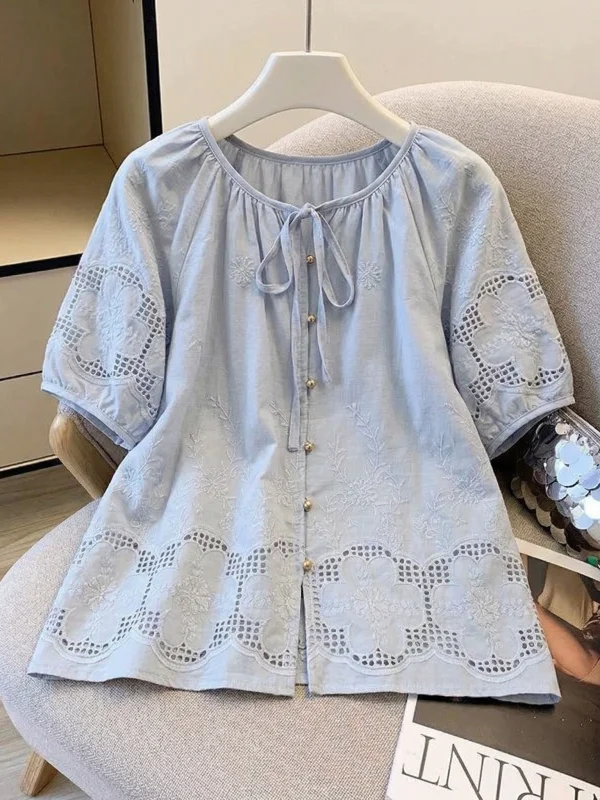 Light Blue Crochet Hollow Shoulder Short Sleeve Shirt Women's plus Size Summer New Style Doll Shirt Top Korean Style Commute
Light Blue Crochet Hollow Shoulder Short Sleeve Shirt Women's plus Size Summer New Style Doll Shirt Top Korean Style Commute