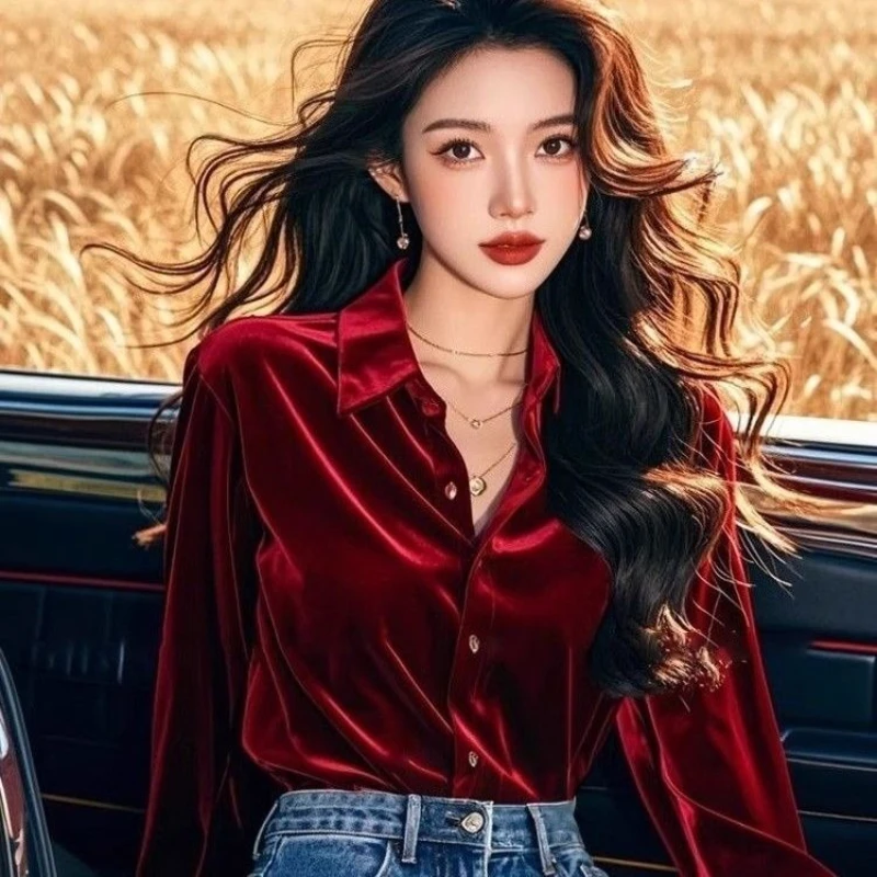 Spring Fall Women Elegant Slim Wine Red Black Velvet Top T Shirt , Woman 2025 Autumn Fashion Velour Tops Shirts
Spring Fall Women Elegant Slim Wine Red Black Velvet Top T Shirt , Woman 2025 Autumn Fashion Velour Tops Shirts