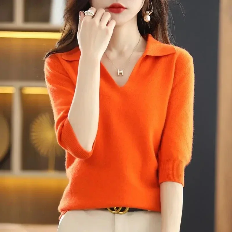 Women's Three-Quarter Sleeve T-Shirt Top Loose Half-Sleeve Knitted Bottoming Shirt Spring Pullover 2025 Autumn V-Neck Sweater
Women's Three-Quarter Sleeve T-Shirt Top Loose Half-Sleeve Knitted Bottoming Shirt Spring Pullover 2025 Autumn V-Neck Sweater