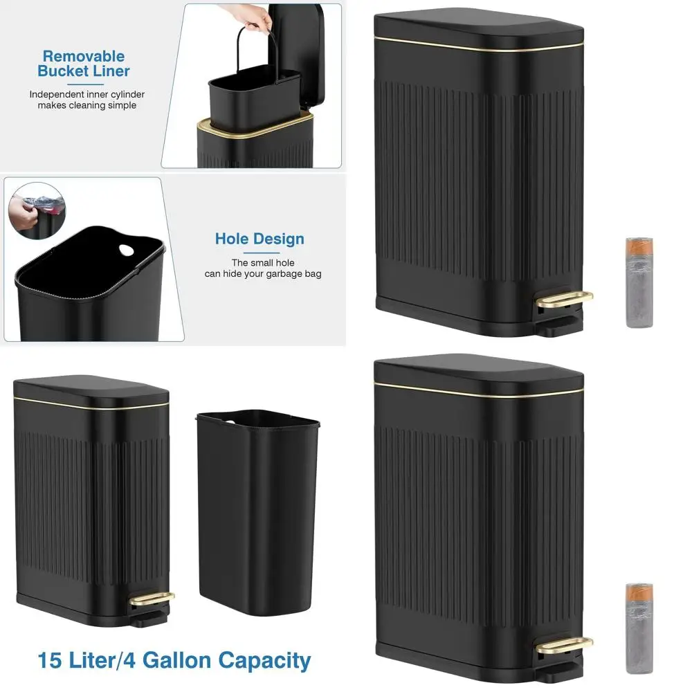 15L Stainless Steel Rectangular Trash Can with Soft-Close Lid, Removable Basket, Ideal for Bathroom, Kitchen, Office - Black
15L Stainless Steel Rectangular Trash Can with Soft-Close Lid, Removable Basket, Ideal for Bathroom, Kitchen, Office - Black
