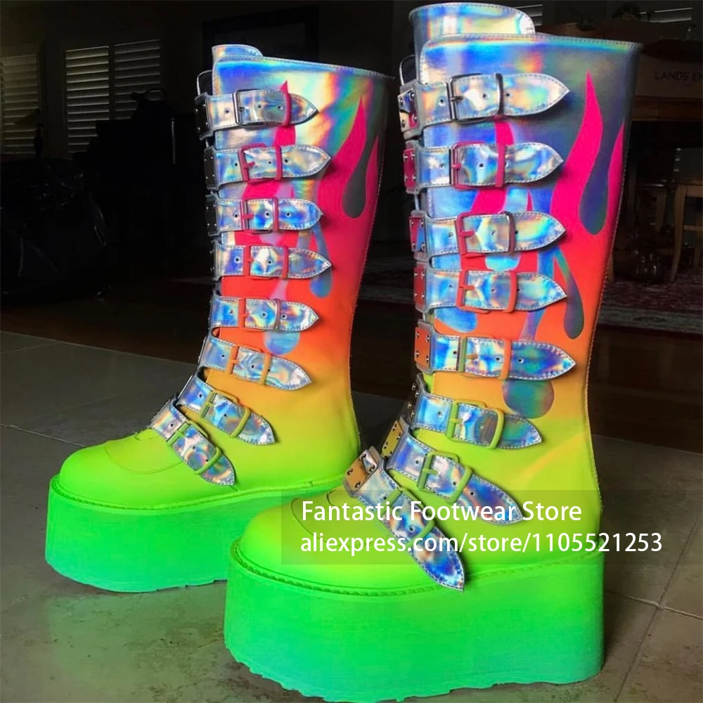 Rainbow Gradient Flame Holographic Wedge Boots Multi Buckle Platform Knee High Boots Gothic Punk Style Handmade Boots for Women
Rainbow Gradient Flame Holographic Wedge Boots Multi Buckle Platform Knee High Boots Gothic Punk Style Handmade Boots for Women