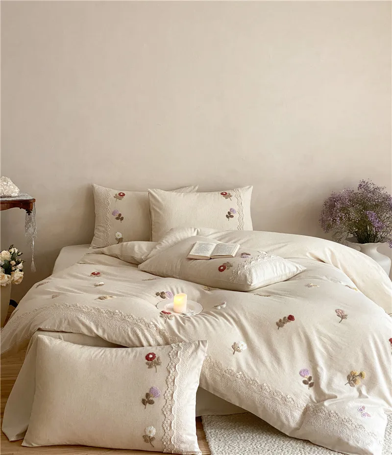 Luxury Flowers Towel Embroidery Lace Cotton Linen Blend Bedding Set Duvet Cover Bed Sheet/Fitted Sheet Pillowcases 4Pcs
Luxury Flowers Towel Embroidery Lace Cotton Linen Blend Bedding Set Duvet Cover Bed Sheet/Fitted Sheet Pillowcases 4Pcs