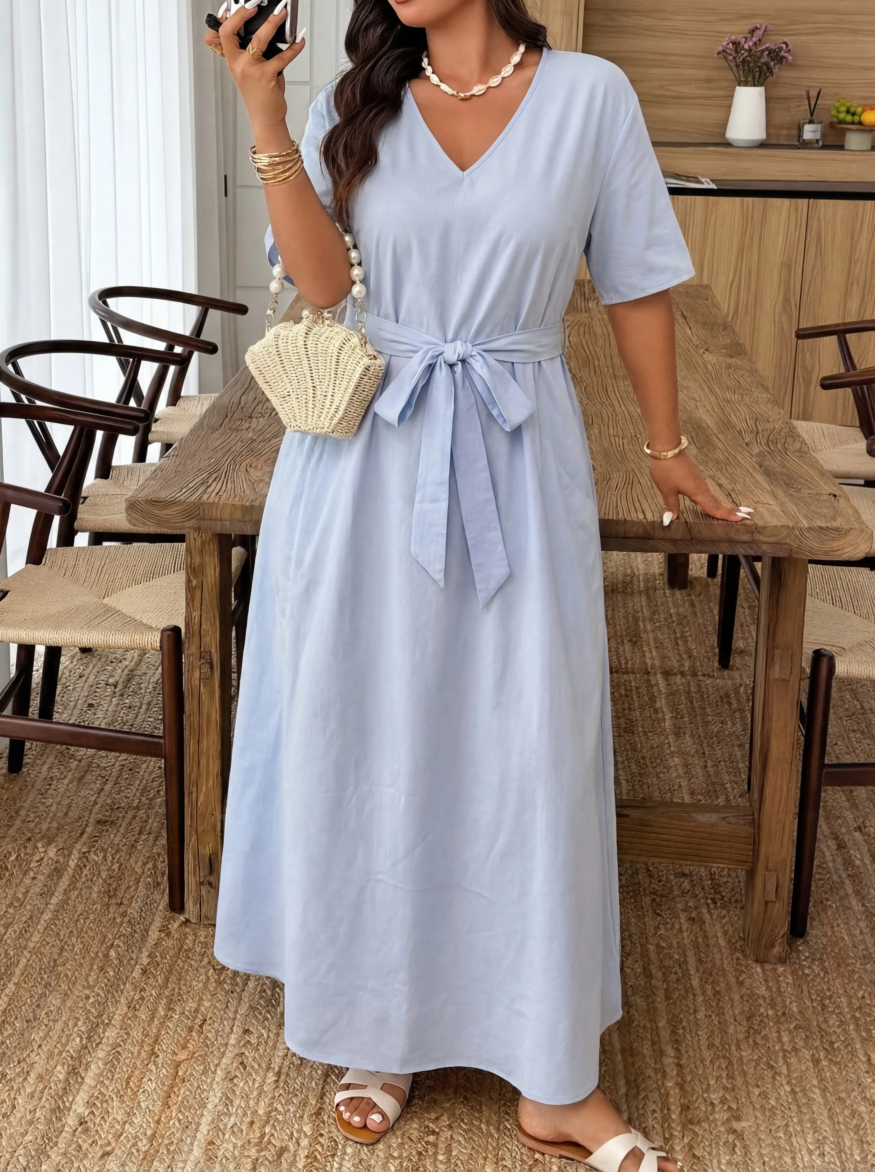 Plus Size Womens V Neck Short Sleeve Belted Waist Long Dress Casual Dress Loose Fit Maxi Dress Summer Daily Beach Outfit
Plus Size Womens V Neck Short Sleeve Belted Waist Long Dress Casual Dress Loose Fit Maxi Dress Summer Daily Beach Outfit