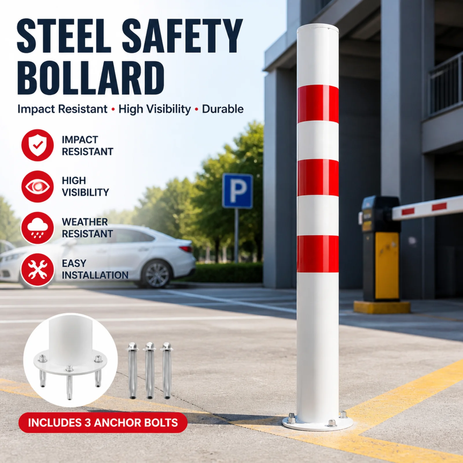 Bollard Post 30' H Red and White Sturdy Accessory for Street lanes Parking Sidewalks Traffic Sensitive Area Road Intersections
Bollard Post 30' H Red and White Sturdy Accessory for Street lanes Parking Sidewalks Traffic Sensitive Area Road Intersections