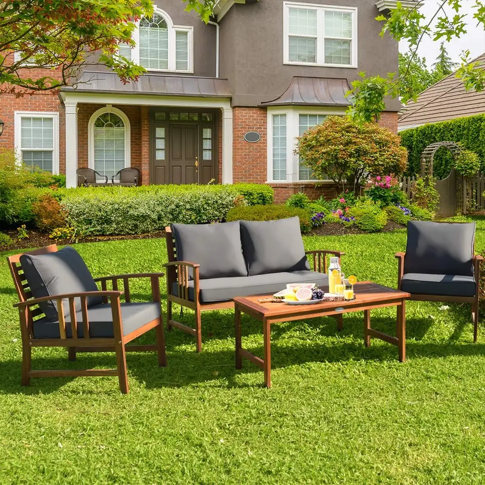 4 Pieces Acacia Wood Patio Furniture Set, Outdoor Seating Chat Set with Gray Cushions amp Back Pillow, Conversation Set with Co
4 Pieces Acacia Wood Patio Furniture Set, Outdoor Seating Chat Set with Gray Cushions amp Back Pillow, Conversation Set with Co