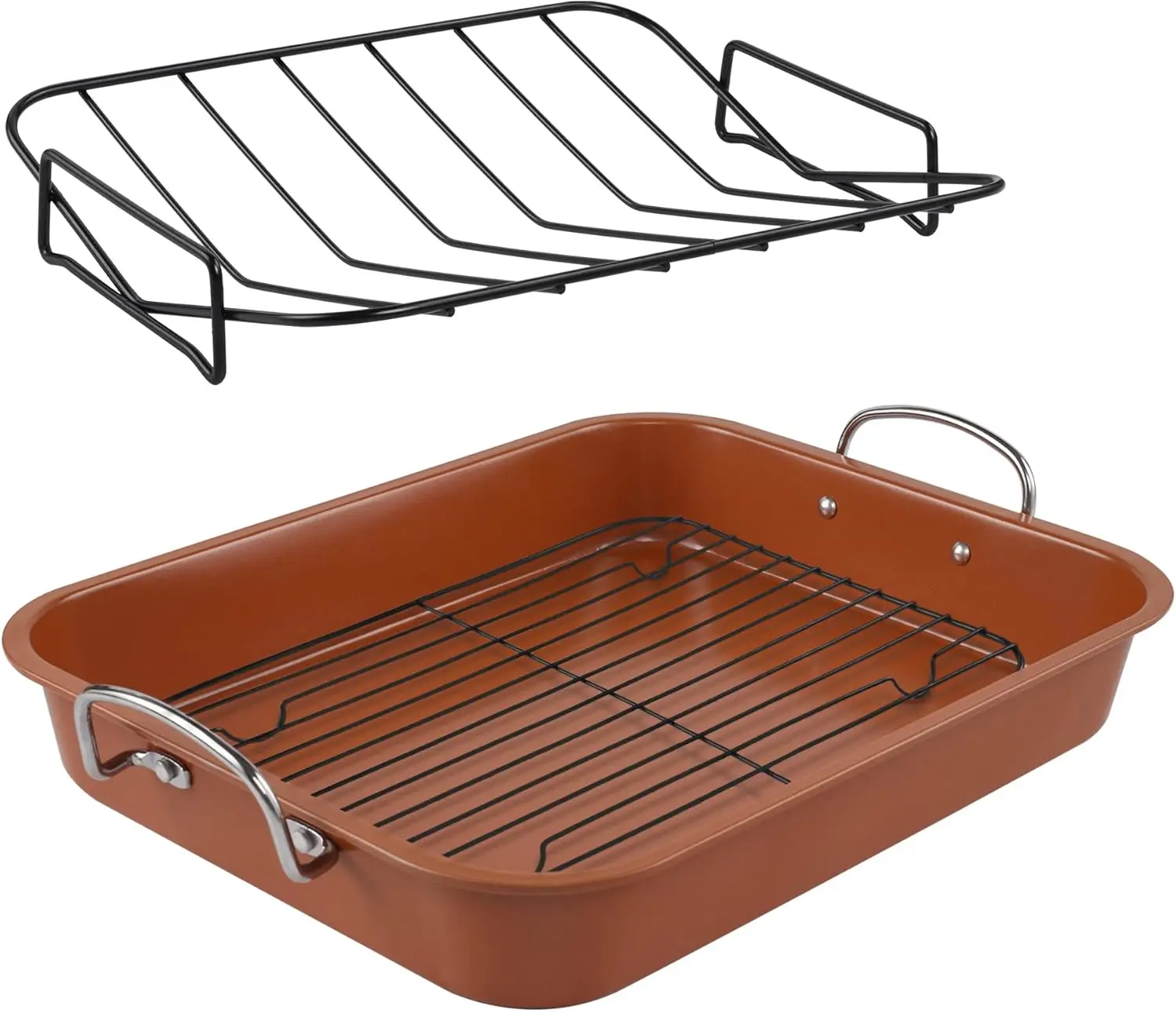 16-Inch Nonstick Roasting Pan with Cooling Rack and V-Rack, Dishwasher Safe for Turkey, Lasagna, and Holiday Meals
16-Inch Nonstick Roasting Pan with Cooling Rack and V-Rack, Dishwasher Safe for Turkey, Lasagna, and Holiday Meals