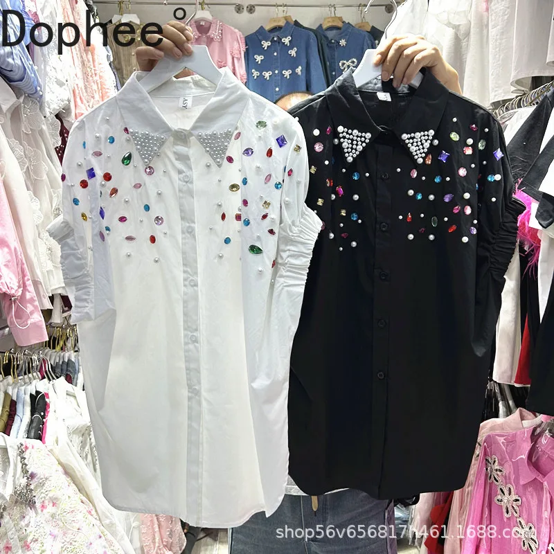 Female Short Sleeve Blouses 2025 New Summer Single-breasted Loose Cardigans Top Gem Diamonds Beads Casual Women White Shirts
Female Short Sleeve Blouses 2025 New Summer Single-breasted Loose Cardigans Top Gem Diamonds Beads Casual Women White Shirts