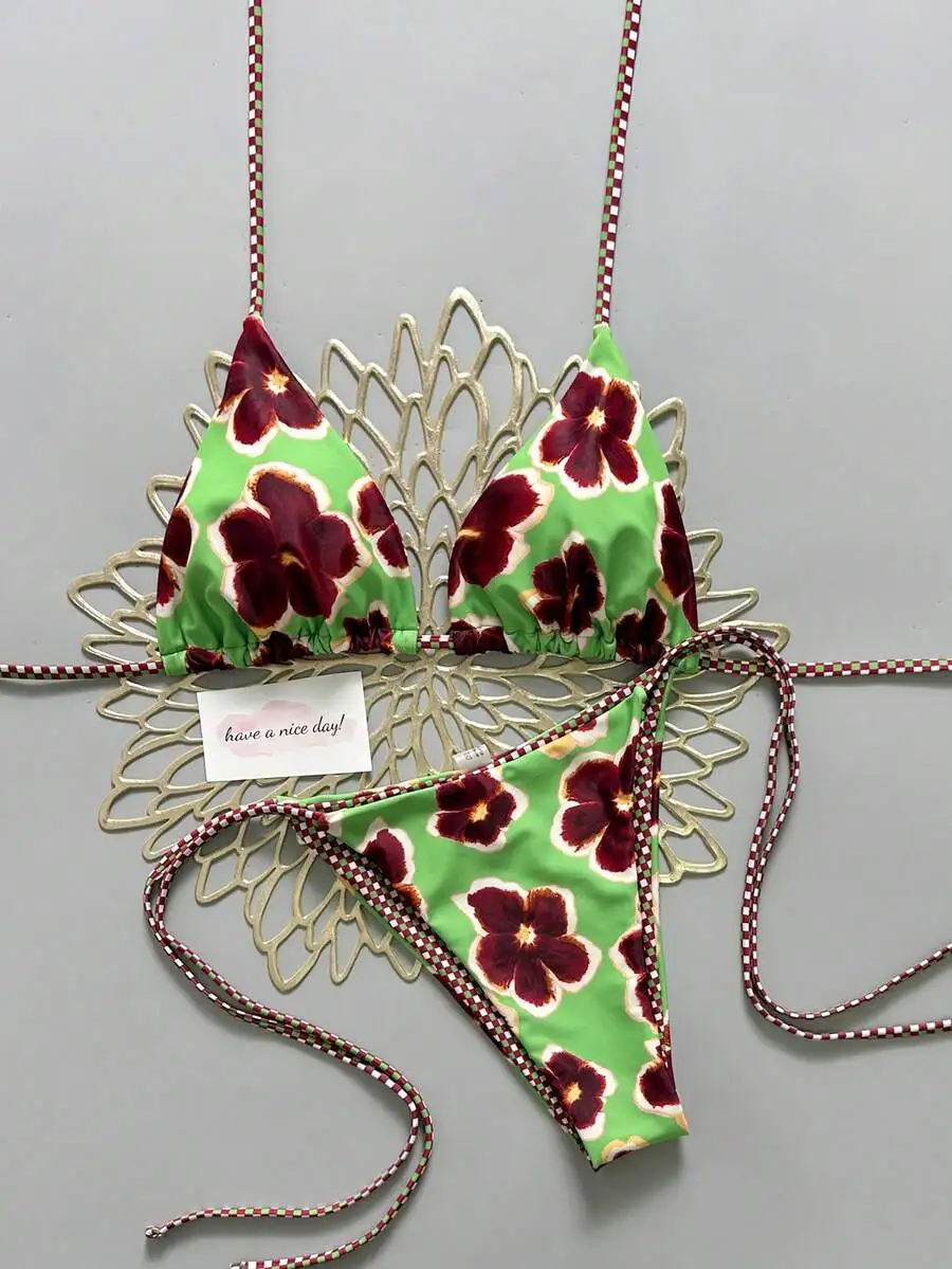 Green Base Burgundy Floral Triangle Bikini With Adjustable Gingham-Tie Straps For Beach Pool Cruise Summer Vacations
Green Base Burgundy Floral Triangle Bikini With Adjustable Gingham-Tie Straps For Beach Pool Cruise Summer Vacations