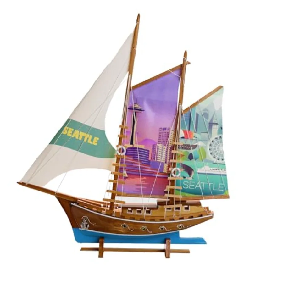 Handmade Seattle printed fabric sailing yacht ship model, wooden, navy blue, traditional nautical miniature for home decor and
Handmade Seattle printed fabric sailing yacht ship model, wooden, navy blue, traditional nautical miniature for home decor and