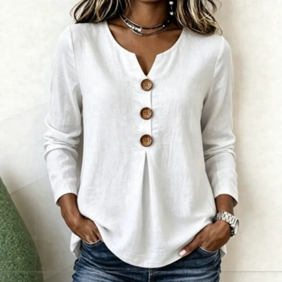 Summer Solid Color New Loose Women's V-Neck Cotton Hemp Buttoned Women's Top
Summer Solid Color New Loose Women's V-Neck Cotton Hemp Buttoned Women's Top