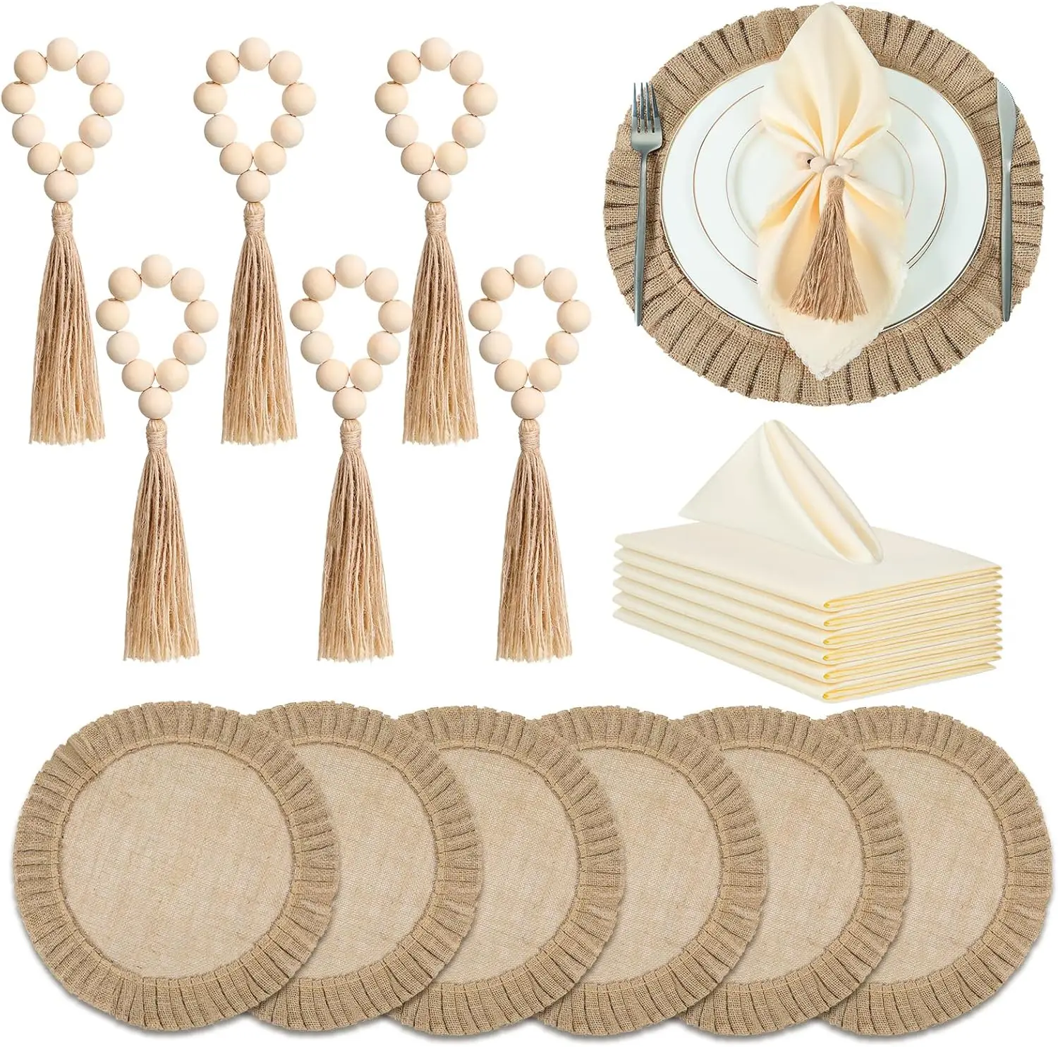 18 Pcs Round Burlap Placemats with Wood Bead Napkin Rings and Dinner Napkins for Boho Wedding Dining Table
18 Pcs Round Burlap Placemats with Wood Bead Napkin Rings and Dinner Napkins for Boho Wedding Dining Table