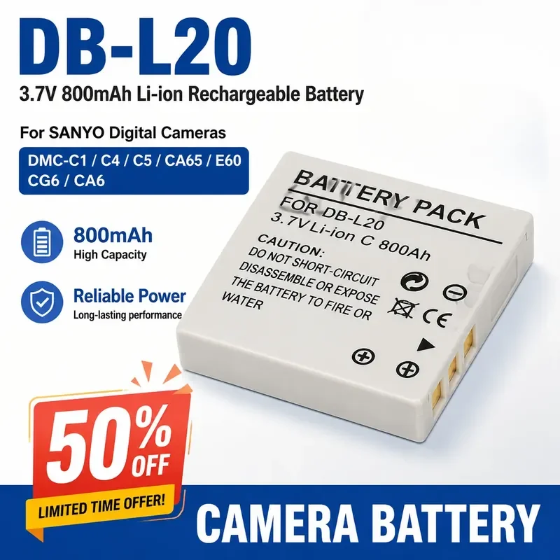 DB-L20 Camera Battery 3.7V 800mAh for SANYO DMC-C1 C4 C5 CA65 E60 CG6 CA6 PLB-103 Digital Batteries Li-ion Rechargeable Battery
DB-L20 Camera Battery 3.7V 800mAh for SANYO DMC-C1 C4 C5 CA65 E60 CG6 CA6 PLB-103 Digital Batteries Li-ion Rechargeable Battery