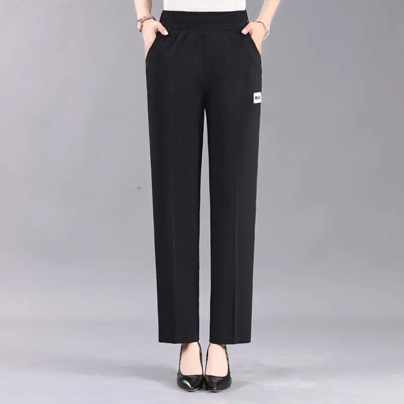 Womens Elastic Waist High Waist Straight Leg Casual Pants With Small Logo
Womens Elastic Waist High Waist Straight Leg Casual Pants With Small Logo
