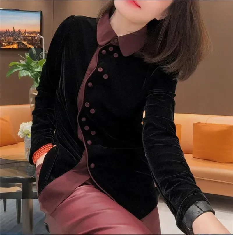Высококачественная черная бархатная блузка, женская осенняя облегающая нижняя рубашка, дизайнерские пуговицы, контрастные волнистые сращенные топы 
Высококачественная черная бархатная блузка, женская осенняя облегающая нижняя рубашка, дизайнерские пуговицы, контрастные волнистые сращенные топы