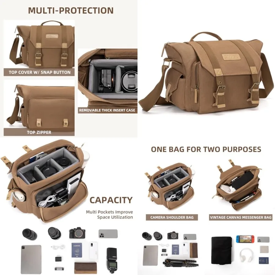 Camera Bag Case Canvas Compatible for Nikon, Canon, Sony DSLR/SLR Mirrorless Camera with Tripod Holder, Camera Shoulder Messenger Bag for Men/Women (1.0 Brown)
Camera Bag Case Canvas Compatible for Nikon, Canon, Sony DSLR/SLR Mirrorless Camera with Tripod Holder, Camera Shoulder Messenger Bag for Men/Women (1.0 Brown)