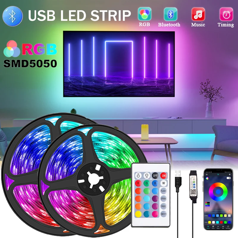Светодиодная лента с USB-разъемом, гибкая LED полоска с поддержкой Bluetooth, RGB, SMD, для подсветки телевизора, рабочего стола, 1-30 м, 5 в постоянного тока
Светодиодная лента с USB-разъемом, гибкая LED полоска с поддержкой Bluetooth, RGB, SMD, для подсветки телевизора, рабочего стола, 1-30 м, 5 в постоянного тока
