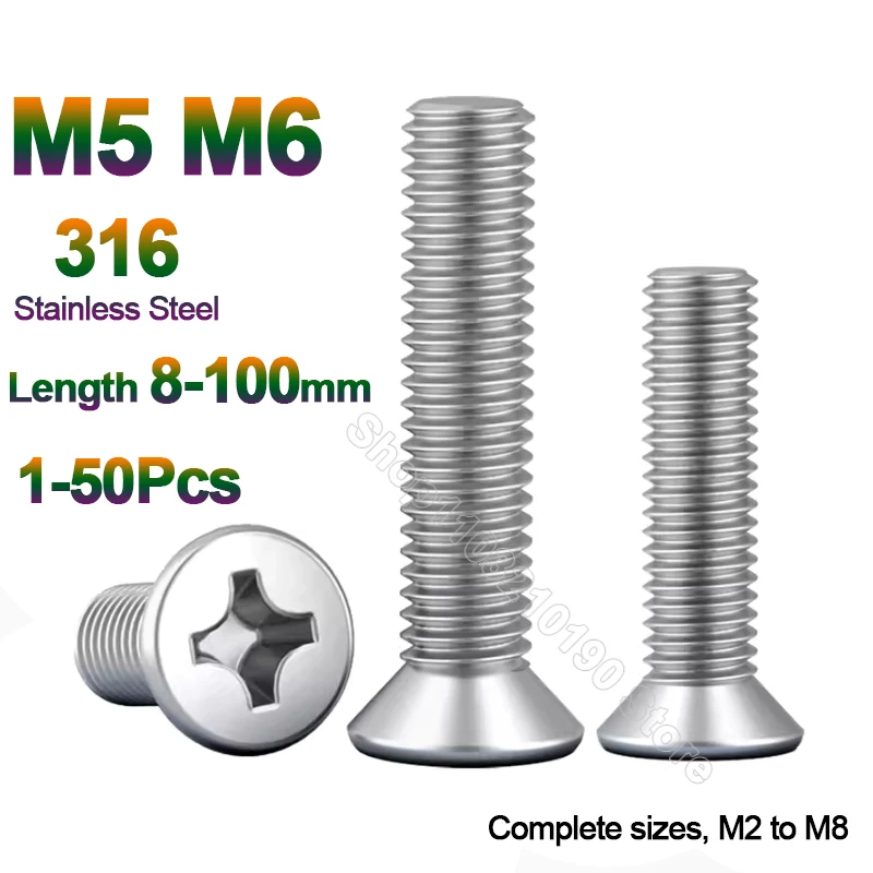 1-50pcs M5 M6 GB819 Marine Grade 316 A4 Stainless Steel Cross Phillips Flat Countersunk Head Bolt Screw Length 8 10 12 14-100mm
1-50pcs M5 M6 GB819 Marine Grade 316 A4 Stainless Steel Cross Phillips Flat Countersunk Head Bolt Screw Length 8 10 12 14-100mm