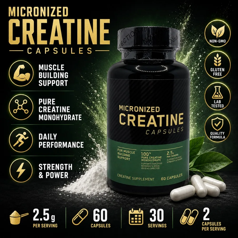 Micronized Creatine Monohydrate Capsules 2.5g Per Serving, 60 Count, Fitness Supplement for Strength Training & Muscle Support
Micronized Creatine Monohydrate Capsules 2.5g Per Serving, 60 Count, Fitness Supplement for Strength Training & Muscle Support