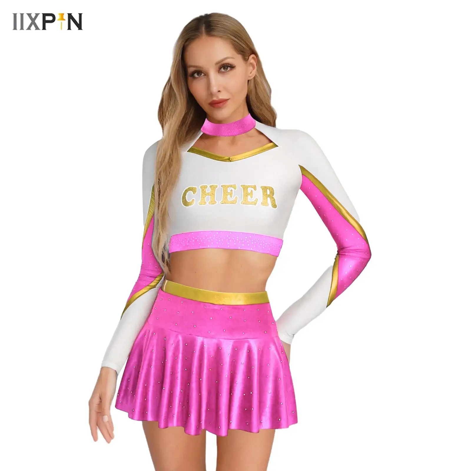 2Pcs Womens Cheerleading Dance Uniform Streetwear Long Sleeve Metallic Shiny Contrast Color Crop Top + A-line Miniskirt Outfits
2Pcs Womens Cheerleading Dance Uniform Streetwear Long Sleeve Metallic Shiny Contrast Color Crop Top + A-line Miniskirt Outfits