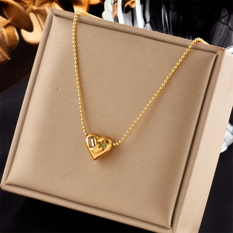 18K Gold Plated 316L Stainless Steel Puffy Heart Pendant Necklace with Colored Crystal Accent Beaded Chain for Women
18K Gold Plated 316L Stainless Steel Puffy Heart Pendant Necklace with Colored Crystal Accent Beaded Chain for Women
