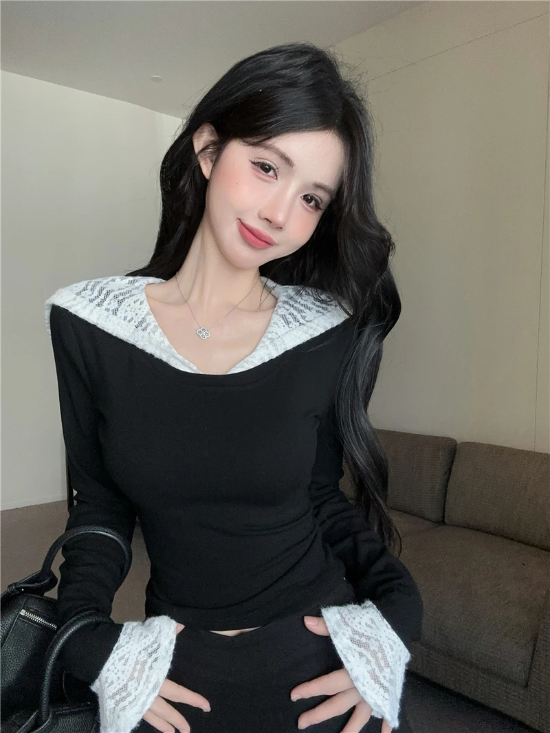 Pure Desire Lace Patchwork Hooded Long Sleeve Women's T-shirt Slim Fit Slimming Bell Sleeve Design Base Shirt Top
Pure Desire Lace Patchwork Hooded Long Sleeve Women's T-shirt Slim Fit Slimming Bell Sleeve Design Base Shirt Top