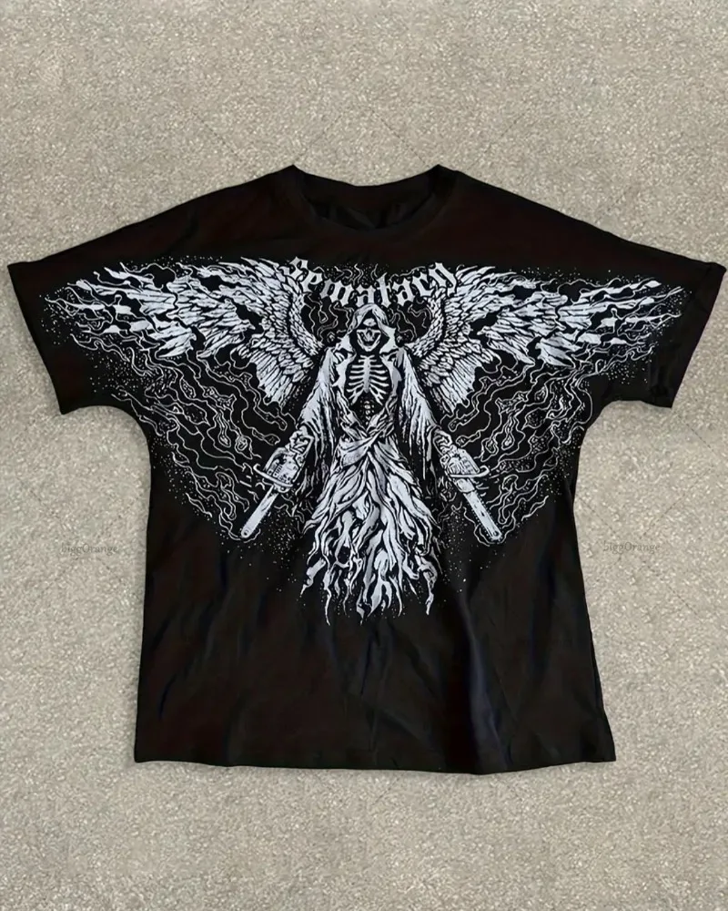 High Street Fashion Clothing Demon Angel Design Fashionable and Evergrande Black T-shirt Men Retro Harajuku Casual Loose Top
High Street Fashion Clothing Demon Angel Design Fashionable and Evergrande Black T-shirt Men Retro Harajuku Casual Loose Top