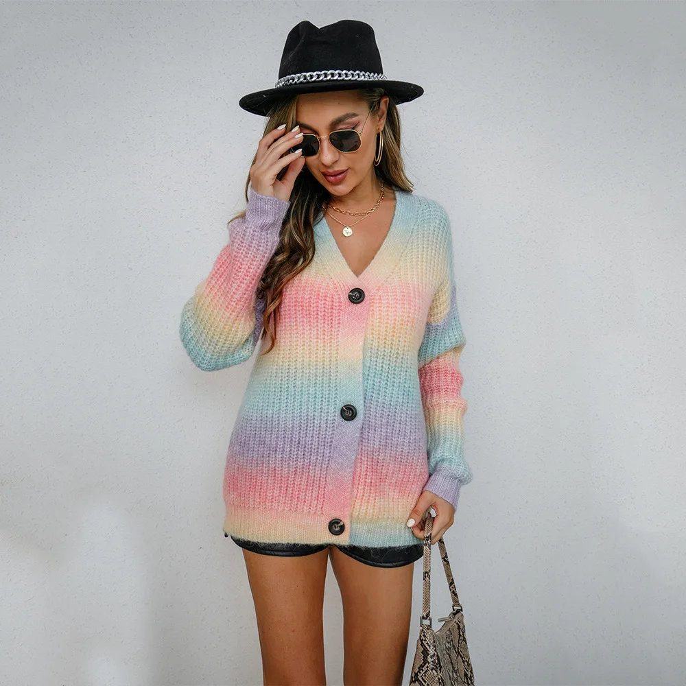 Knitted Cardigan Sweaters Women Casual Jumpers Gradient Rainbow V Neck Long Sleeves Loose Single Breasted Elegant 2025 Autumn
Knitted Cardigan Sweaters Women Casual Jumpers Gradient Rainbow V Neck Long Sleeves Loose Single Breasted Elegant 2025 Autumn