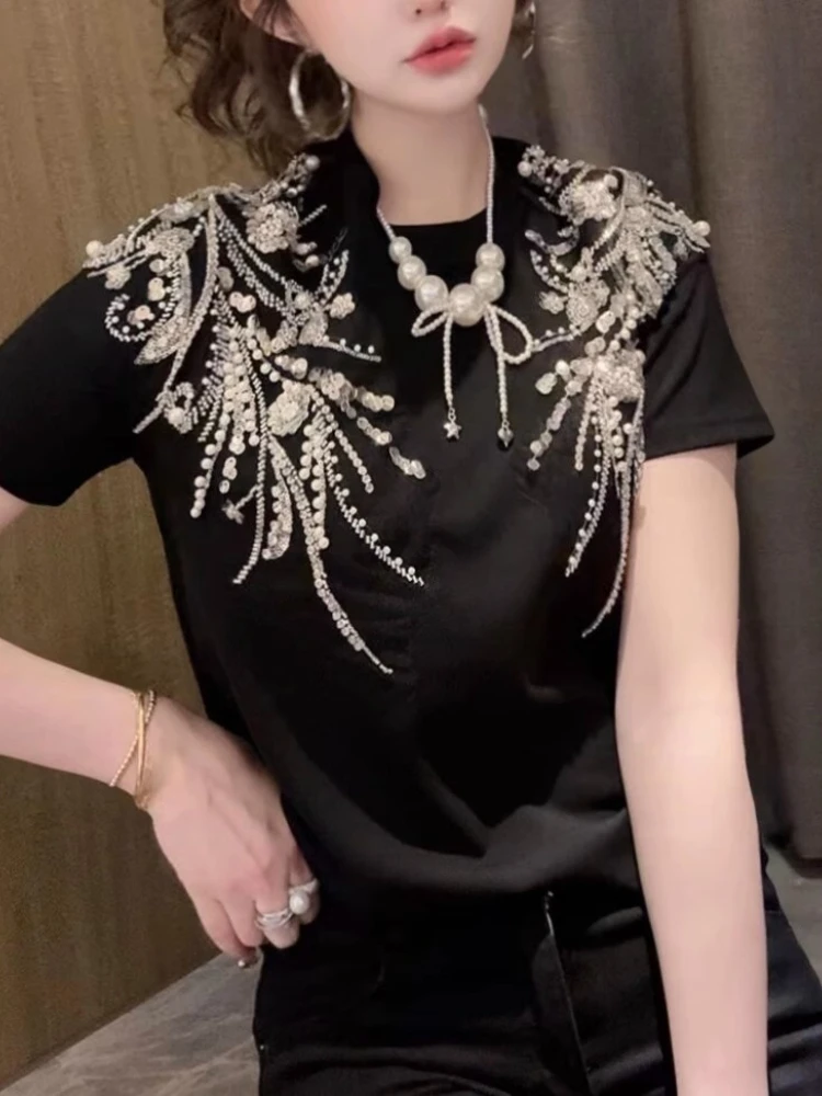 Fashion Y2k Beading Bows T-Shirt 2025 New Women Clothes Summer Vintage Korean Short-Sleeved Tops Mujer Chains Elegant Loose Tees
Fashion Y2k Beading Bows T-Shirt 2025 New Women Clothes Summer Vintage Korean Short-Sleeved Tops Mujer Chains Elegant Loose Tees