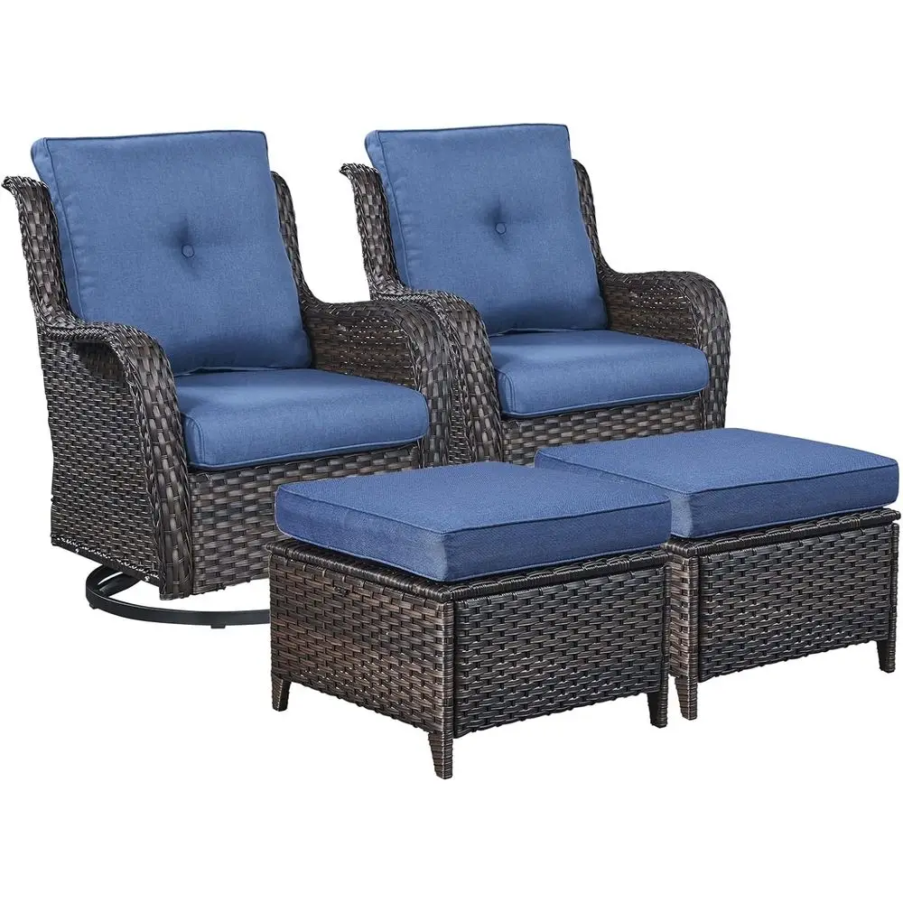 4-Piece Outdoor Rattan Sectional Set with Swivel Rocking Chairs and Ottomans, Brown/Blue
4-Piece Outdoor Rattan Sectional Set with Swivel Rocking Chairs and Ottomans, Brown/Blue