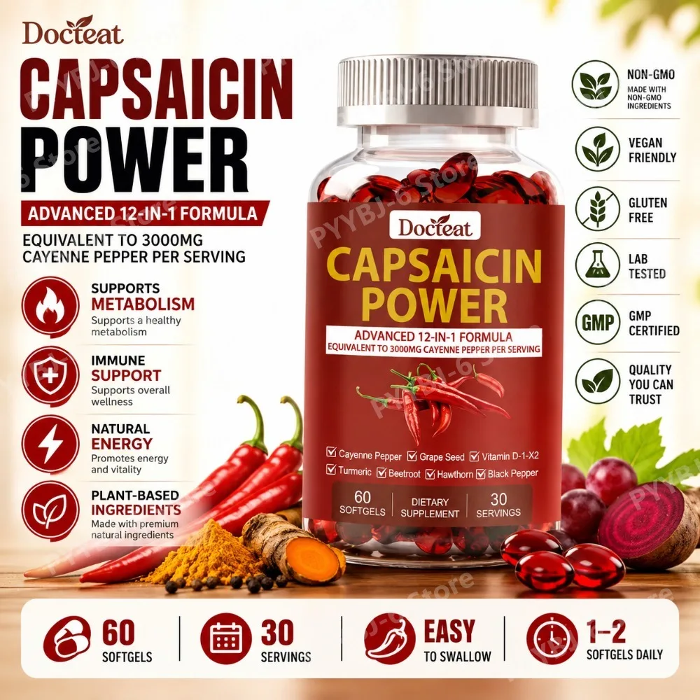 Capsaicin Power 12-in-1 Cayenne Pepper Supplement 60 Softgels Turmeric Beetroot Grape Seed Black Pepper Daily Metabolism Support
Capsaicin Power 12-in-1 Cayenne Pepper Supplement 60 Softgels Turmeric Beetroot Grape Seed Black Pepper Daily Metabolism Support