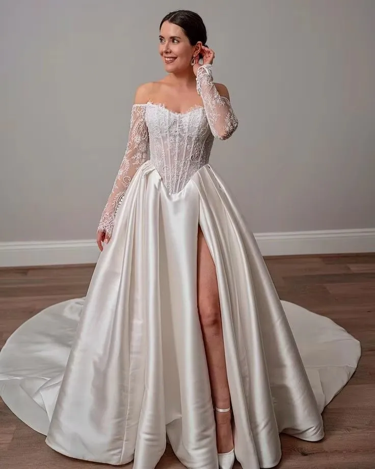 Vintage Full Sleeves Sweethart Off Shoulder Satin A Line Wedding Dresses Side Slit Custom Made Bridal Grown Vestido De Noival
Vintage Full Sleeves Sweethart Off Shoulder Satin A Line Wedding Dresses Side Slit Custom Made Bridal Grown Vestido De Noival